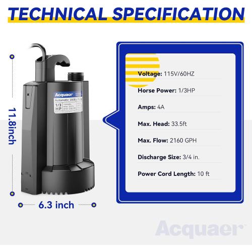 Acquaer 1/3 HP Automatic Submersible Water Sump Pump, 115V with 3/4” Garden Hose Check Valve Adapter,2160 GPH High Flow Water Removal for Swimming Pool Cover Hot Tubs Flooded House Basement