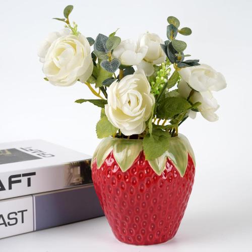 Ceramic Strawberry Vase, Cute Fresh Flowers Vases, Small Fruit Vases for Strawberry Party, Kitchen Decor(Red)