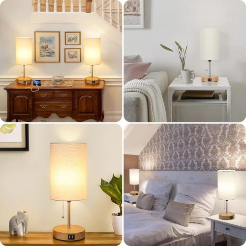 Lakumu Set of 2 Table Lamps with 2 USB Ports, Modern Bedside, Desk Lamps with Pull Chain, Nightstand Lamps with Cream Fabric Shade and Oak Metal Base for Living Room Bedroom Office Reading Dorm Hotel