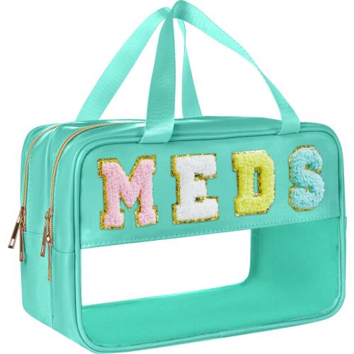 Medicine Bag Chenille Letter Nylon Medicine Bags for Traveling Meds Bag Preppy Patch Makeup Pouch Cosmetic Toiletry Storage Bags for Women (Green-MEDS)