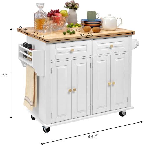 Grey Wood - Finnhomy Rolling Kitchen Island With Drop Leaf, Thicken Rubberwood Top, Spice Rack, Towel Rack, Drawer, 43.3 Portable Mobile Kitchen Island Carts Table, Storage Cabinet, Both Wheels and Feet