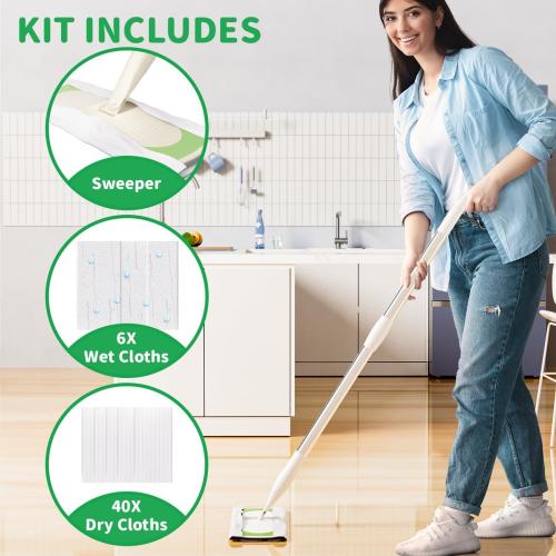 Sweeper 2-in-1 Dry   Wet Cleaning Tool,Professional Floor Mopping and Sweeping Kit Includes 1 Sweeper,40 Dry Sweeping Cloths,6 Wet Mopping Cloths
