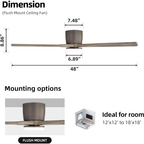 WINGBO 48 Inch Flush Mount DC Ceiling Fan, 3CCT Dimmable Light, 3 Carved Wood Blades, 6-Speed Noiseless Reversible DC Motor, Hugger Low Profile Fan, Graphite Finish with Gray Blades, ETL Listed