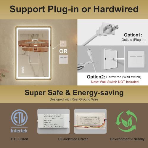 24x36 Inch LED Bathroom Mirror with Gold Metal Frame, Front and Backlit Vanity Mirror, Stepless Dimmable Wall Mirrors with Anti-Fog, 3 Colors, Memory Function, Waterproof, LED Smart Bathroom Mirror