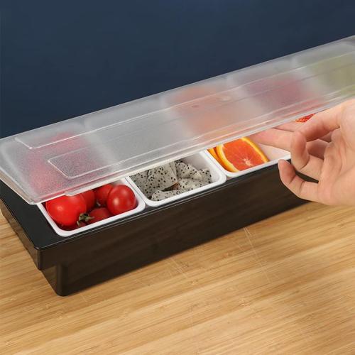 Ice Chilled Condiment Caddy with 6 Containers, 6 Compartments Fruit Veggie Condiment Caddy with Hinged Lid for Home Work Party Bar or Restaurant Plastic Tray Organizers