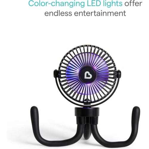 Munchkin Stroller Fan - Portable Fan for Travel, Baby Gear Accessory with 4 Speeds, Flexible Clip-on Leg Attachment, Rechargeable Battery, Black with Multicolored LED Lights