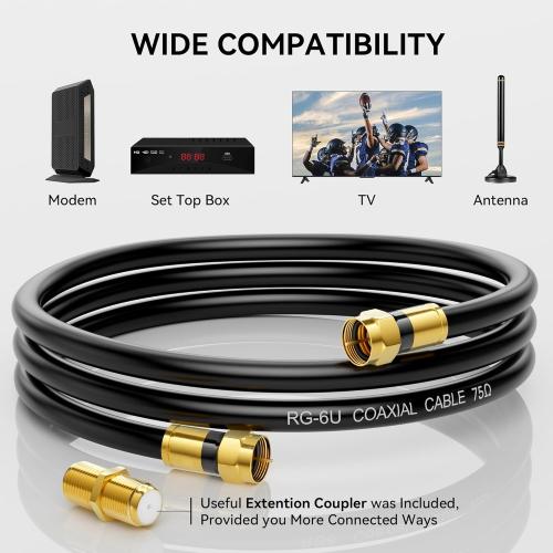 RG6 Coaxial Cable, 3FT 6FT 10FT 15FT 25FT 50FT 100FT Coax Cable Cord with Gold F-Type Connector, High Speed Internet, Digital TV Aerial for HDTV, Satellite, Antenna, Modem with Extender- 3ft