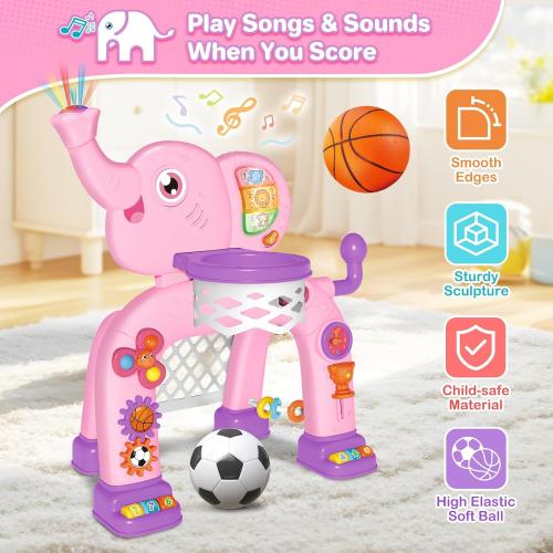 Shemira Toddler Basketball Hoop & Soccer Goal Activity Center Toys with Light & Music,Elephant Toddlers Musical Toys Gift, Baby & Toddlers Christmas Birthday Gift for 1 2 3 Year Old Boys & Girls