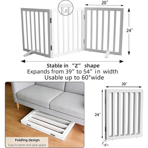 ZJSF Freestanding Indoor Dog Gate for House Foldable Wood White Puppy Gate for Doorways Pet Gate for Stairs Extra Wide Pet Fence 24 Height 3 Panels