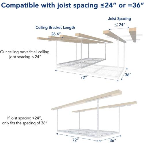 FLEXIMOUNTS 3x6 Overhead Garage Storage Adjustable Ceiling Rack 72 Length x 36 Width x 40 Height, 450lbs Weight Capacity, White, Classic Series