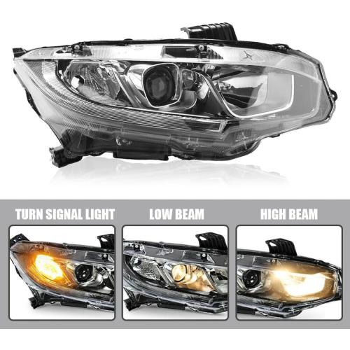 Headlight Assembly Fit for 2016-2021 Honda Civic,Halogen Headlamp w/LED DRL Chrome Housing Replacement Driver Passenger Side