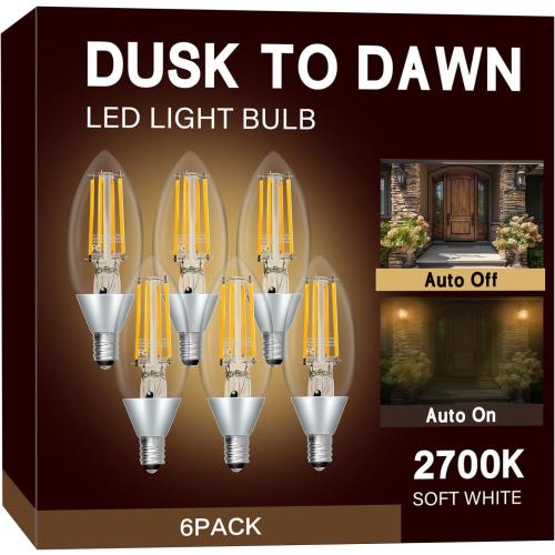 UNILAMP Dusk to Dawn Light Bulbs, Outdoor Candelabra Light Bulbs, 5W Equivalent 40W, 2700K Soft White, 500LM, Edison Vintage Filament E12 Base, Photocell Sensor for Sconces Porch Patio Garage, 6 Pack