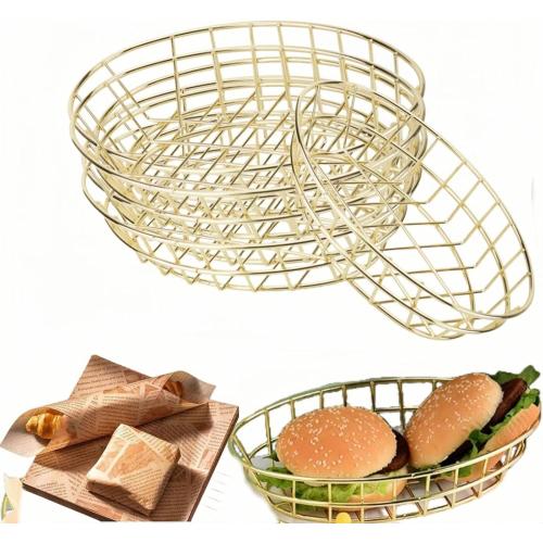 6 PCS Gold Oval Wire Baskets with 50 Pcs Papers, 9.5 x 6.2 x 2.2 Inches Metal Food Serving Baskets - Fast Food & Bread Baskets for Burgers, Sandwiches, Fries, Bread, Fruit, Kitchen, Party Decor