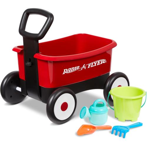 Radio Flyer Push & Pull Walker Wagon with Garden Tools, Red, for Kids 1-4 Years Old, Locking Handle for Stability, Baby Push Walker Converts to Pull Wagon, for Indoor & Outdoor Play
