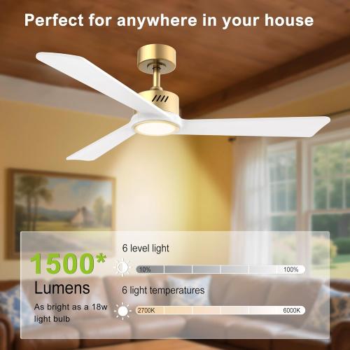 DAMINY Natural Solid Wood White and Gold 52 inch Ceiling Fan with Light,3 Blades,6CCT,Low Profile Ceiling Fan with Light and Remote Control