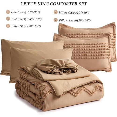KAKIJUMN Khaki Tufted Comforter Set King Size 7 Piece Bed in a Bag, Shabby Chic Boho Comforter and Sheet Set, Pom Pom Textured Bed Set, All Season Soft Microfiber Complete Bedding Set(Khaki,King)