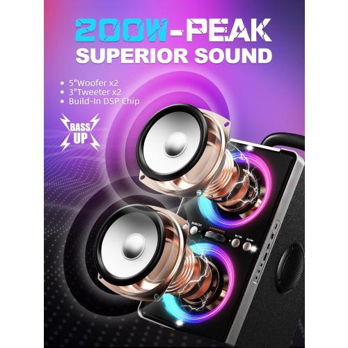 YIER Bluetooth Speaker, 200W Peak Loud Stereo with Big Bass, 20H Playtime, TWS, Fast Charging, Portable Handle, Wireless Large Boombox Bocina with LED Light for Party Outdoor Backyard Camping