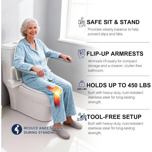 Toilet Safety Rails for Seniors with FlipUp Handle for Bathroom Safety | Heavy Duty Toilet Support Rails with Armrest for Elderly, Disabled, Handicapped, or Mobility Assistance, Fit Standard Toilets