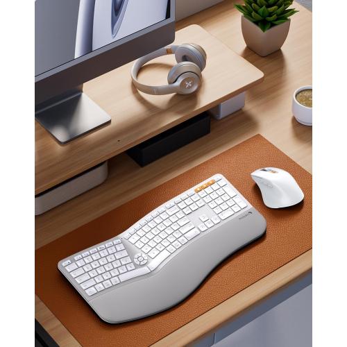 ProtoArc EKM01 Plus Wireless Ergonomic Keyboard Mouse Combo - White Silver | Full-size Split Keyboard with Cushioned Wrist Rest, Ergonomic Mouse, 3-Device Bluetooth/2.4G, USB-C Rechargeable