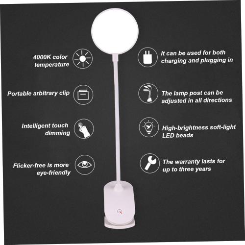 White Clip on Light, Desk Lamp 1200mAh, Round LED Clamp Light, 2W Desk Lamp for Reading, Night Clip on for