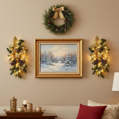 2025 Cordless Christmas Swags Artificial Stairs Christmas Garland with Prelit Teardrop Swag and 30 Lights Rustic Christmas Swag for Front Door Wall Window Stair Home Decor (Gold with Pinecone)