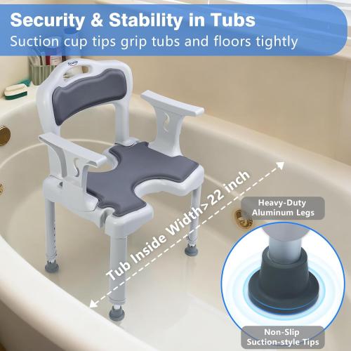 Shower Chair for Narrow Bathroom, Bath Stool for Elderly Disabled Adults, with Arms Back Cushion & Seat Cutout, 300 lbs Capacity, Fits 5ft Standard Tub and Small Shower Stall (Grey, Standard)