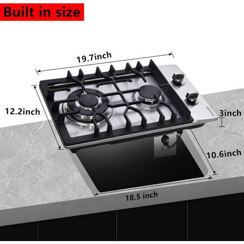 Gas Cooktop 12 Inch, 2 Burners Gas Stovetop Built-in Stainless Steel Gas Stove Dual Fuel LPG/NG Convertible Gas Hob for RVs, Apartments, Outdoor