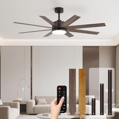 60 Inch Ceiling Fans with Lights and Remote, Dual Color 6 Blades, Bedroom Living Room Office Library Cafe Outdoor Industrial, 3CCT Dimmable, 6 Speed Reversible Quiet DC Motor, Brown/Wood Grain