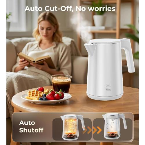 Electric Kettle Fast-Boil Stainless Steel Electric Tea Kettle, Water Boiler with Auto-Shut Off, Cool Touch PP Exterior for Home Office, White