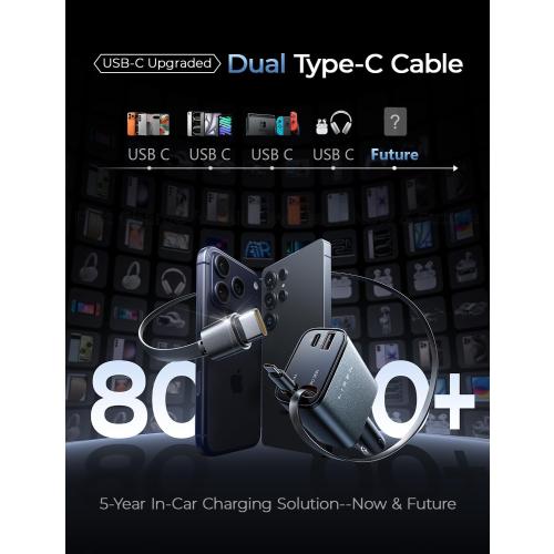 LISEN Retractable Car Charger USB C [Upgraded Dual Type C] 75W Fast 4 in 1 Car Charger for iPhone 17, Gifts for Him Her Men Women, Car Accessories for Galaxy S25 S26 Phone 17 Pro Max 16 15