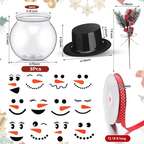 Set of 8 Christmas Candy Jars Snowman Cookie Jar with Lids for Party Favors Clear Plastic Xmas Jars Storage with Pine Snowman Stickers Ribbon for Xmas Party Gifts Packaging Crafts Decoration