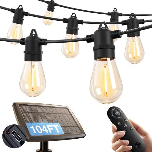 addlon Size  104FT(98FT 6) Solar String Lights Outdoor Waterproof with USB Port & Remote Control Solar Patio Lights for Outside Solar Powered with 34 LED Dimmable Bulbs for Porch Garden Deck Halloween