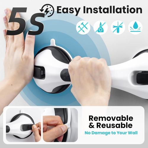 Pack of 2 Size 12 inch Shower Handles for Elderly Suction, 2 Pack 12 Inch Shower Grab Bars for Seniors, Grab Bars for Bathtubs and Showers, No Drilling Removable Safety Shower Grip, Black