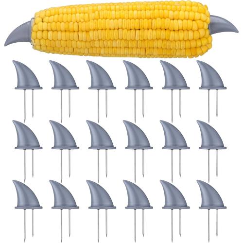 16 Pcs Shark Fin Corn Holders Thanksgiving Party Supply Stainless Steel Shark Corn on the Cob Barbecue Party Supplies Fork Birthday Decorations Ocean Themed Table Decor