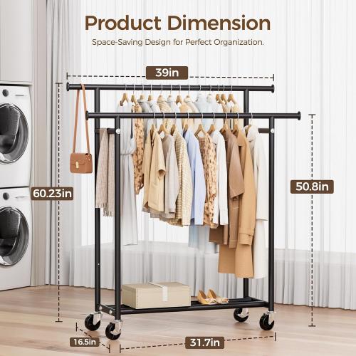 HYSEYY Clothes Rack, Double Rods Rolling Clothing Rack for Hanging Clothes, Portable Garment Rack with Wheels, Coat Rack Wardrobe Closet Load 240 LBS for Bedroom Laundry Room (Black, L)