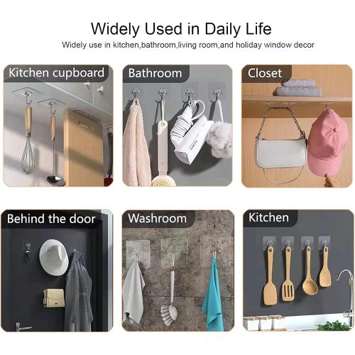 Adove Adhesive Hooks for Hanging, Heavy Duty Wall Hooks 20 Pack, Removable Sticky Ceiling Hooks, Transparent Self Adhesive Shower Hooks, Water & Oil Proof Strong 22lb(Max) Door Coat Hooks