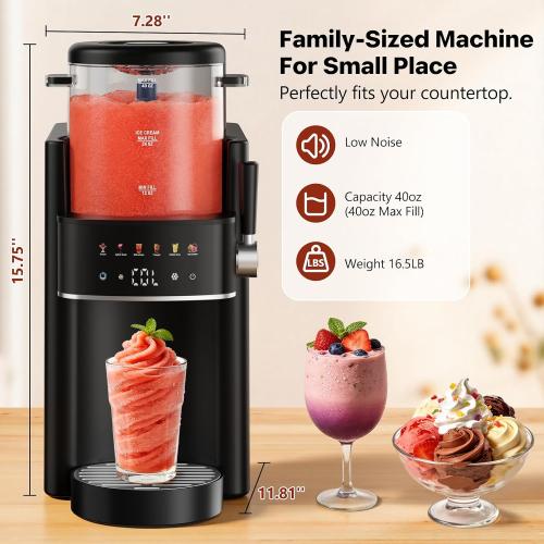 Slushie Machine for Home, Ice Cream Maker, 40OZ Capacity, Black | Slushy Margarita Frozen Drink Soft Serve Ice Cream Machine, 6 Preset, No Ice Needed, Fast Freeze, Temp Control, Easy to Clean