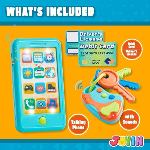 Pretend Toddler Play Phone, Learning Toy Phone Set,Keyfob Key Toy and Credit Cards Set, Kids Cellphone, Girls Boys Birthday Gifts for 1 2 3 Year Old,Baby Blue, Kids Presents, Easter Basket Stuffers