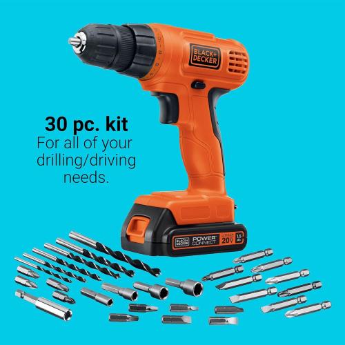 BLACK DECKER 20V MAX POWERCONNECT Power Drill Cordless Drill Driver Electric Screwdriver with 30 Piece Bit Set and Drivers Kit, Battery and Charger Included (LD120VA)