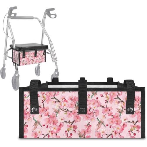 Walker Basket Under Seat Rollator Storage Bag, Reusable Basket for Walkers for Seniors Detachable Folding Walker Accessories- Bird Flowers
