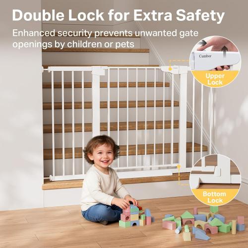 Cumbor 2 Pack 29.7-51.5 Extra Wide Baby Gate for Stairs, Easy Walk Through Dog Gates for Doorways, Pressure Mounted Pet Gate Indoor, Safety Auto-Close Child Gate for Kids with 4 Wall Cups, White