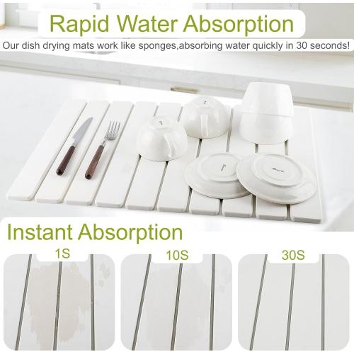 Large Stone Dish Drying Mat for Kitchen Counter, 24(L)×16(W), Collapsible Quick Dry Diatomaceous Earth Mat, Super Absorbent Drying Pad for Dishes Bottles Cups Utensils, Heat Resistant (White)