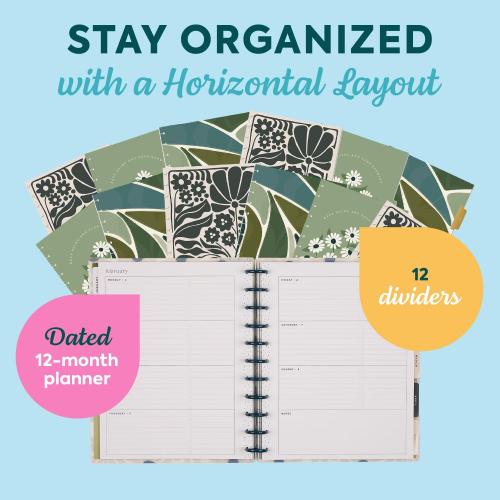 Happy Planner Disc-Bound Planner Jan.–Dec. 2026, Includes 3 Extra Months and 2 Sticker Sheets, Big Size, 8.5 x 11, Horizontal Layout, Green Garden