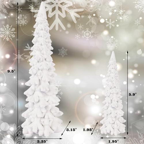 Juegoal Christmas Tree Table Decorations Set of 2, 9.5 White Glittered Xmas Pine Trees, Winter Snow Ornaments Tabletop Resin Trees Dinner Holiday Party Supplies Winter Mantle Shelf Centerpieces Decor