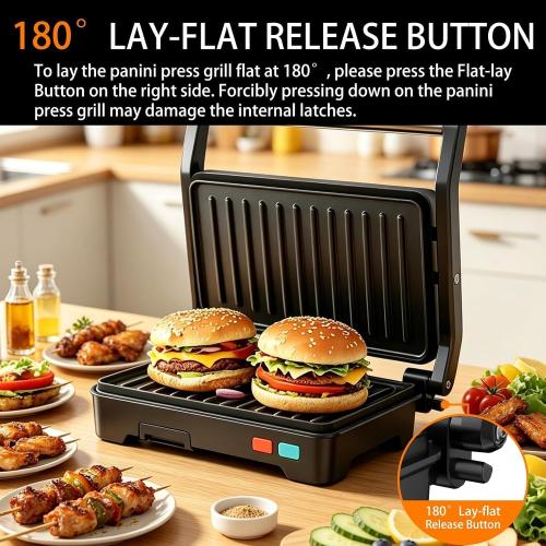 Panini Press Grill, Sandwich Maker with Non-Stick Coated Plates & Removable Drip Tray, 3-in-1 Electric Sandwich Press Opens 180° Flat, Stainless Steel Exterior with Overheat Protection,1000W, Black