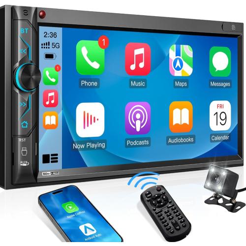 Double Din CarPlay Multimedia System: 7 Inch Touchscreen Car Stereo Receiver – Bluetooth Android Auto Car Radio with Backup Camera Mirror Link AM FM USB SD AUX Subwoofer Steering Wheel Control
