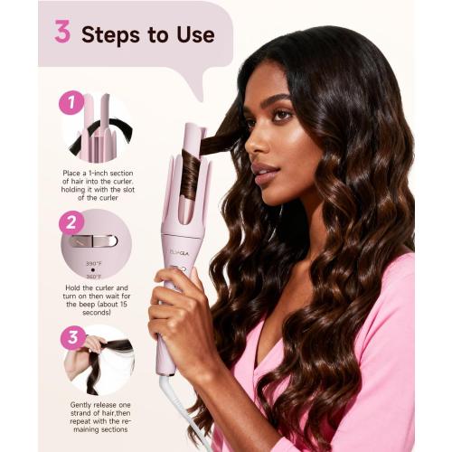 5 in 1 Auto Curling Iron Set with Interchangeable Barrels - 1, 1.25, 1.5 Curling Wand, Hair Crimper & Straightening Brush, Rotating Ceramic Curler, 3 Temp, Dual Voltage, Anti-Scald, Pink