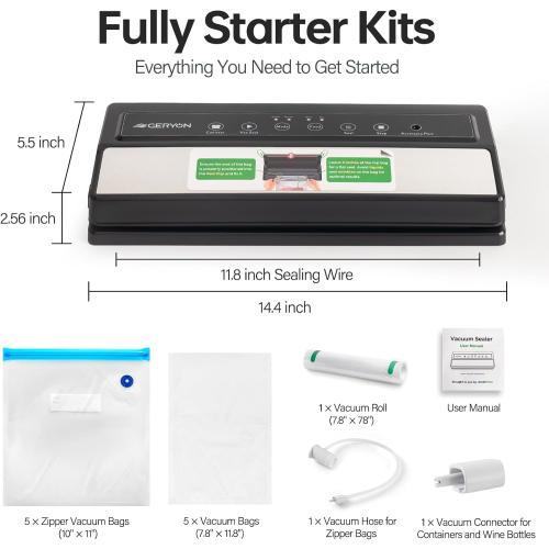 GERYON Vacuum Sealer Machine – Automatic Food Vacuum Sealer for Dry & Moist Food, Compact with LED Touch Panel, Includes Zipper Bags & Roll, Perfect for Sous Vide & Freezer Storage (Silver)