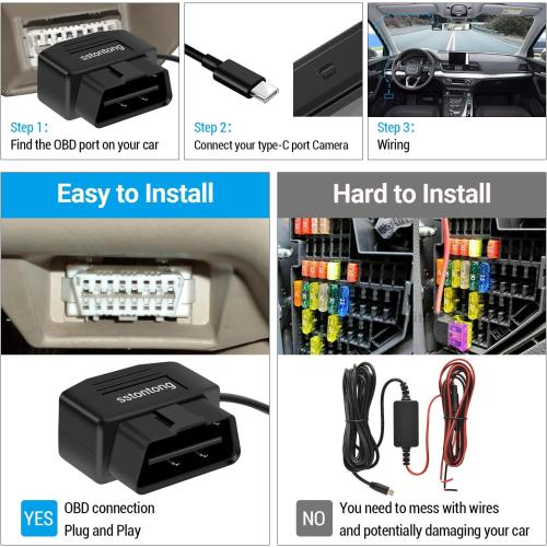 OBD Dash Cam Power Cable, Type-C USB Hardwire Kit ACC Mode with Switch