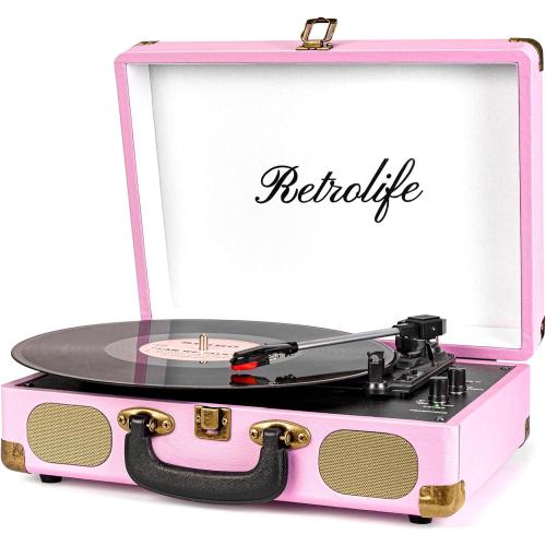 Vinyl Record Player 3-Speed Bluetooth Suitcase Portable Belt-Driven Record Player with Built-in Speakers RCA Line Out AUX in Headphone Jack Vintage Turntable Pink